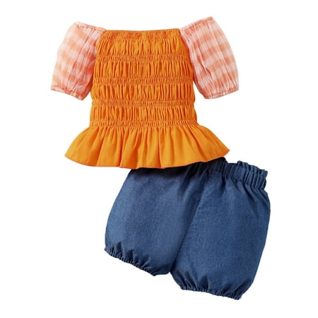 

Toddler Baby Girls Summer Outfit Newborn Toddlers Kids Girl Clothes Stripe Soild Top Jeans Shorts Pants 2Pcs Outfits Set