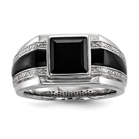 Sterling Silver Diamond & Onyx Men's Ring Size 11