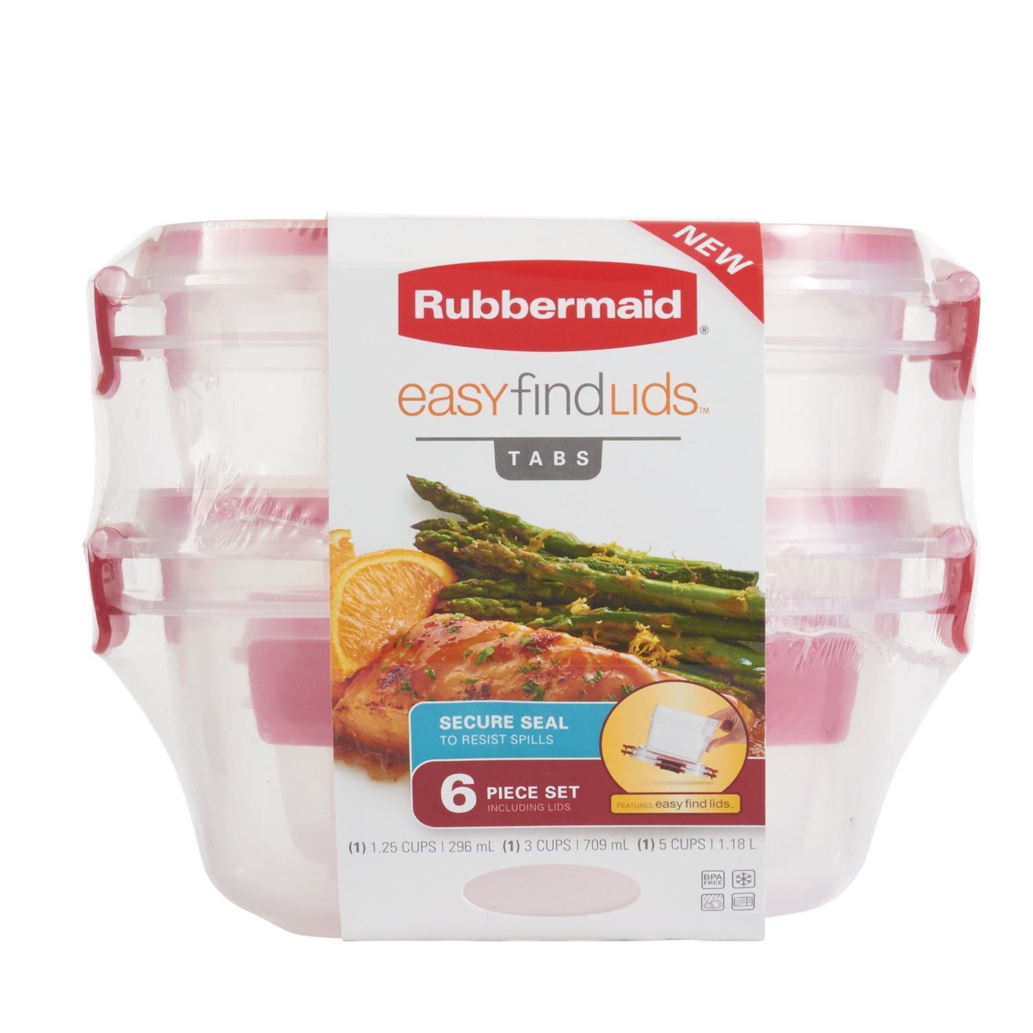 Rubbermaid Easy Find Lids Tabs Food Storage Containers, 6-Piece Set, Red