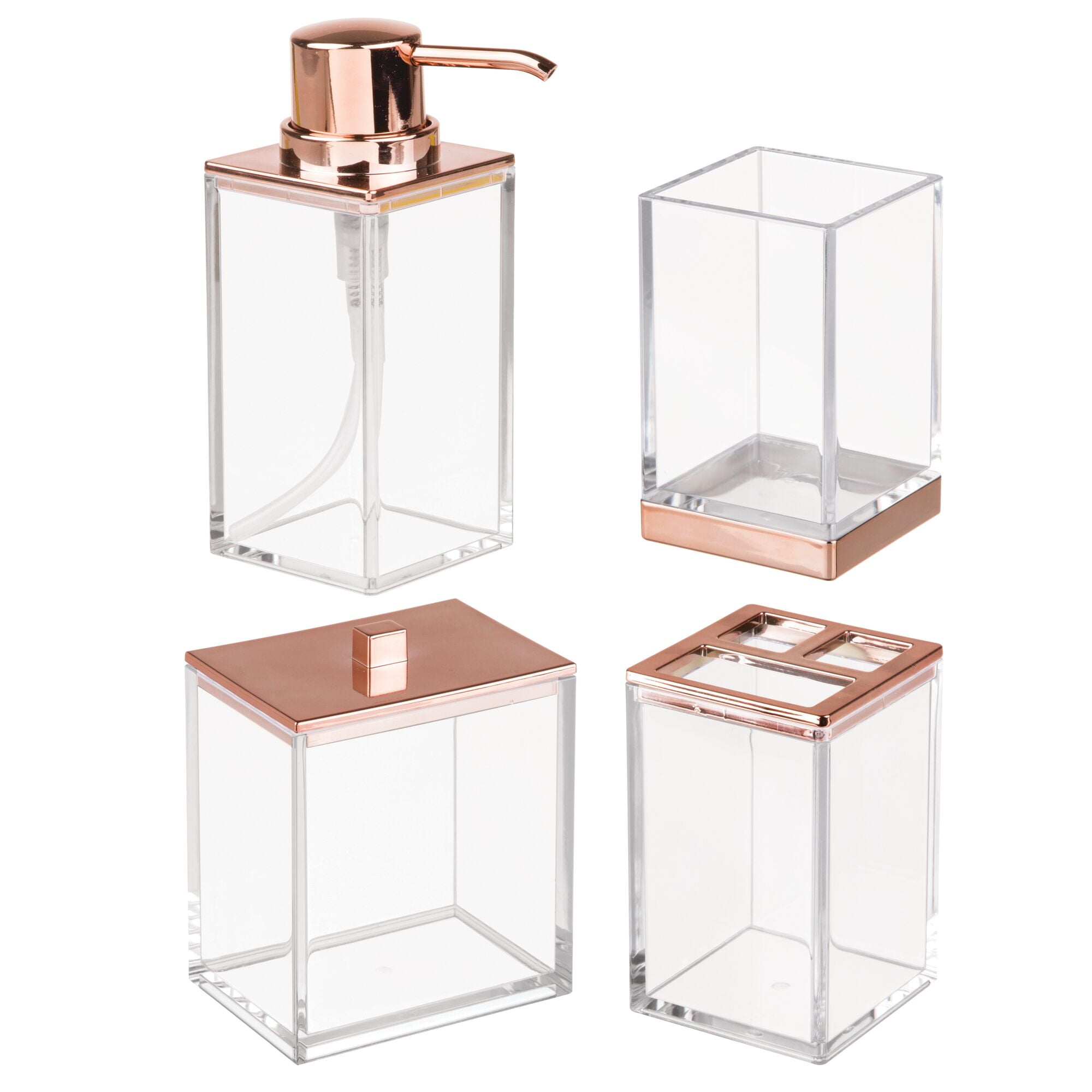 mDesign Plastic Bathroom Vanity Countertop Organizers, Set of 4, Clear/Rose Gold