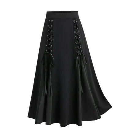 SZJXBUY Women Skirts Long Gothic Lace Up Two Tone Godet Hem Midi A Line High Waisted Skirt Vintage Steampunk Medieval Renaissance Pirate Skirts Black M