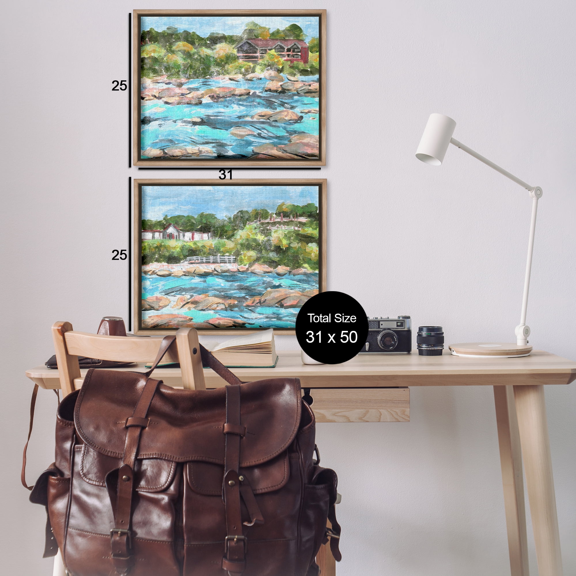 Stupell Industries Flowing River Rocks Nautical & Beach Painting Brown Floater Framed Canvas Art Print Wall Art, 31 x 25, Set of 2