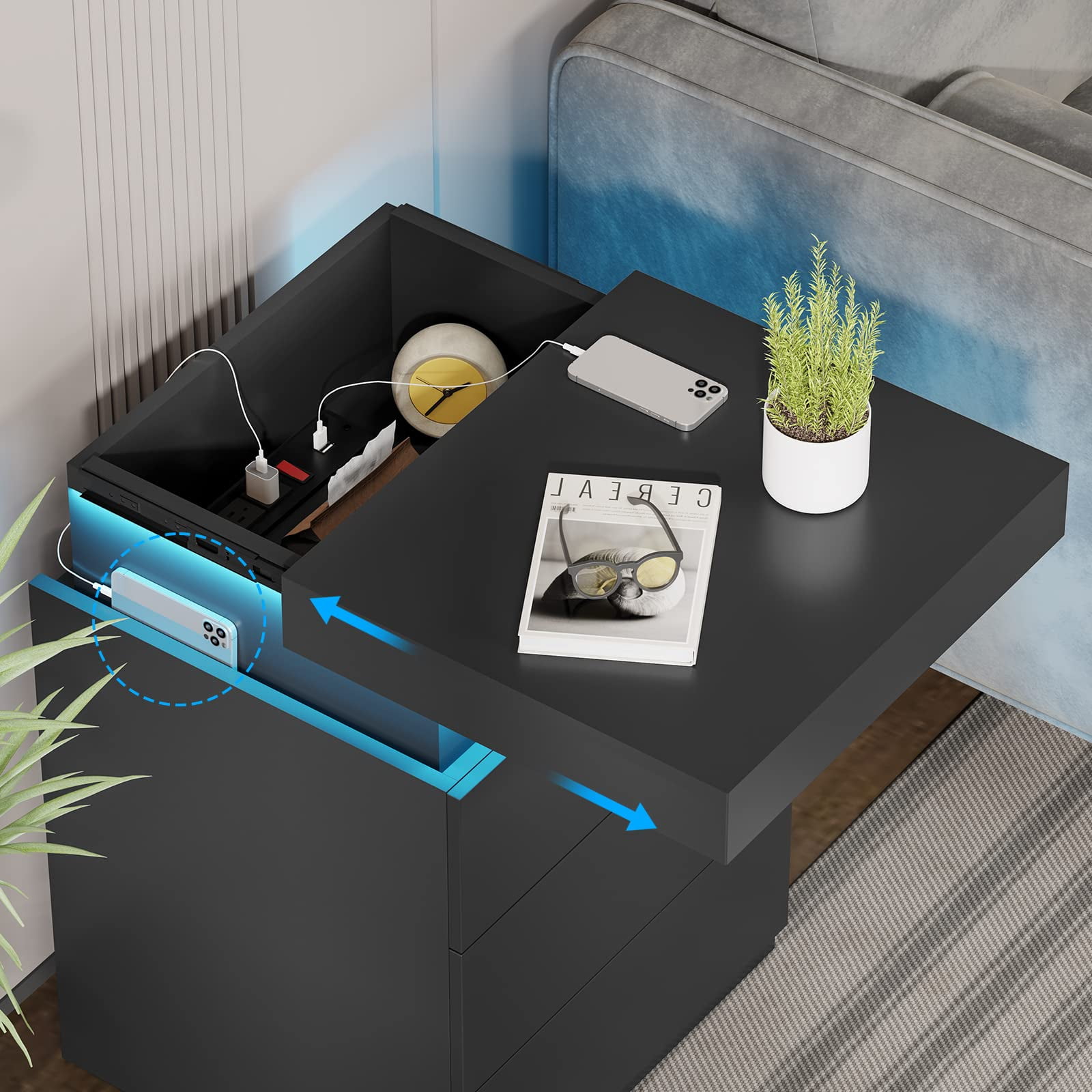 LED Nightstand Charging Station USB Port Outlets Bedside Table 3 Drawers Black Night Table Modern Smart Nightstand Sliding Top End Side Table for Bedroom Furniture 26.8" Tall,2pcs