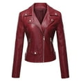 thumbnail image 2 of Usmixi 2023 Winter Womens Leather Jacket Womens Fashion Moto Biker Bomber Jacket Fall Lightweight Faux Leather Coat Casual Solid Lapel Long Sleeve Zip up Pocket Slim Short Outwear Up to 65% off, 2 of 3