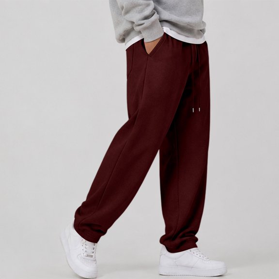 IYYVV Mens Baggy Sweatpants Wide Leg Cotton Fleece,Casual Fall Winter Warm Wear, Lounge Joggers with Pockets, Street Style Wine L