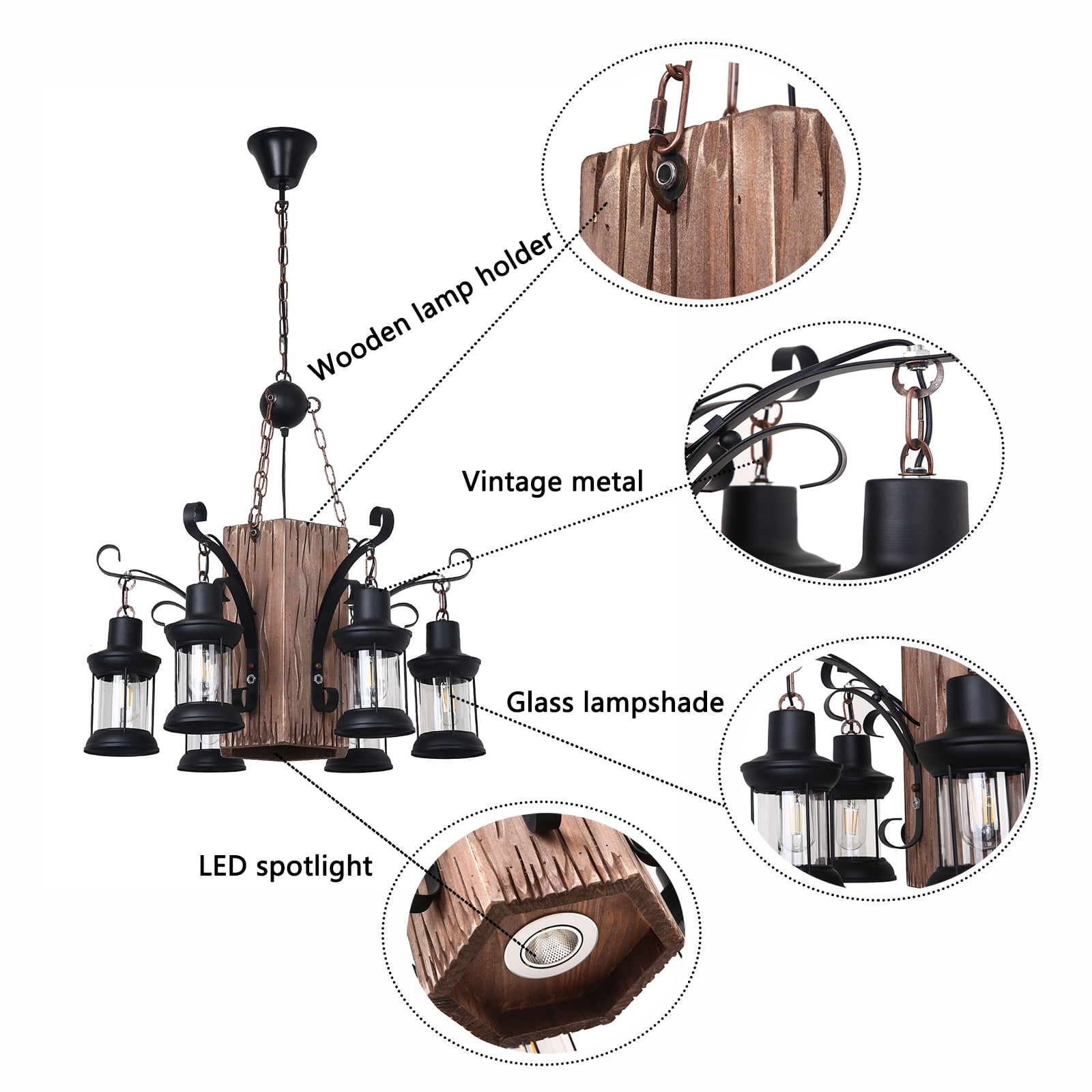 Rustic Wood Lantern Chandelier, 6-Light Farmhouse Pendant Light Height Adjustable Hanging Ceiling Light Fixture with Glass Lampshade