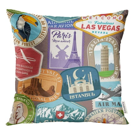 Lots Of Cushions STOAG Pattern Lots of Colorful Stamps Travel Destinations and Vintage Throw Pillowcase Cushion Case Cover 16x16 inch ()