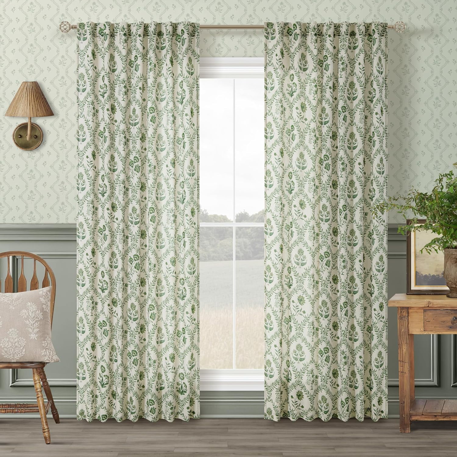 Green Floral Linen Spring Curtains for Living Dining Room Olive Plant Flower Patterned Printed Back Tab Semi Sheer Farmhouse French Country Drape