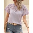 thumbnail image 2 of Camiseta de Mujer Cuello Redondo Manga Corta Costuras de Encaje de Color Puro para Viajes al Aire Libre Púrpura XL, 2 of 8