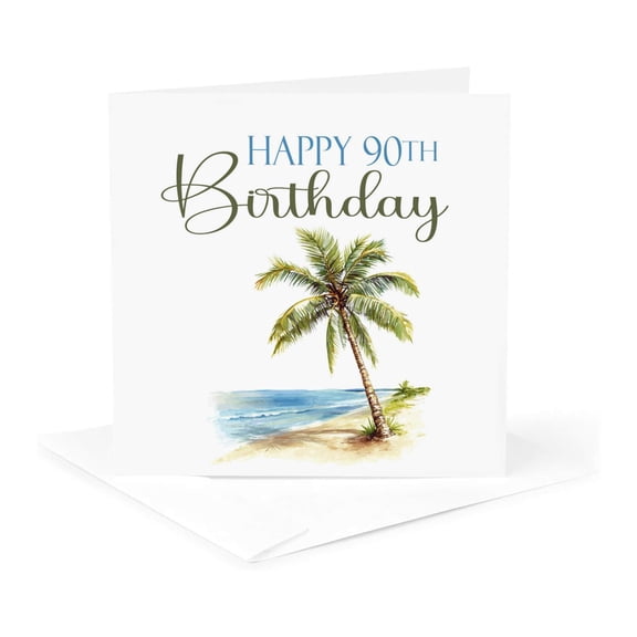 3drose, Beach Palm Tree Happy 90th Birthday, 1 Greeting Card with Envelope