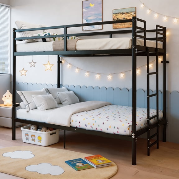 Bunk Bed with Ladder and high Guardrail, Able to Split, Metal Bunk Bed, Storage Space, Noise Free,Twin Over Twin Size,Black