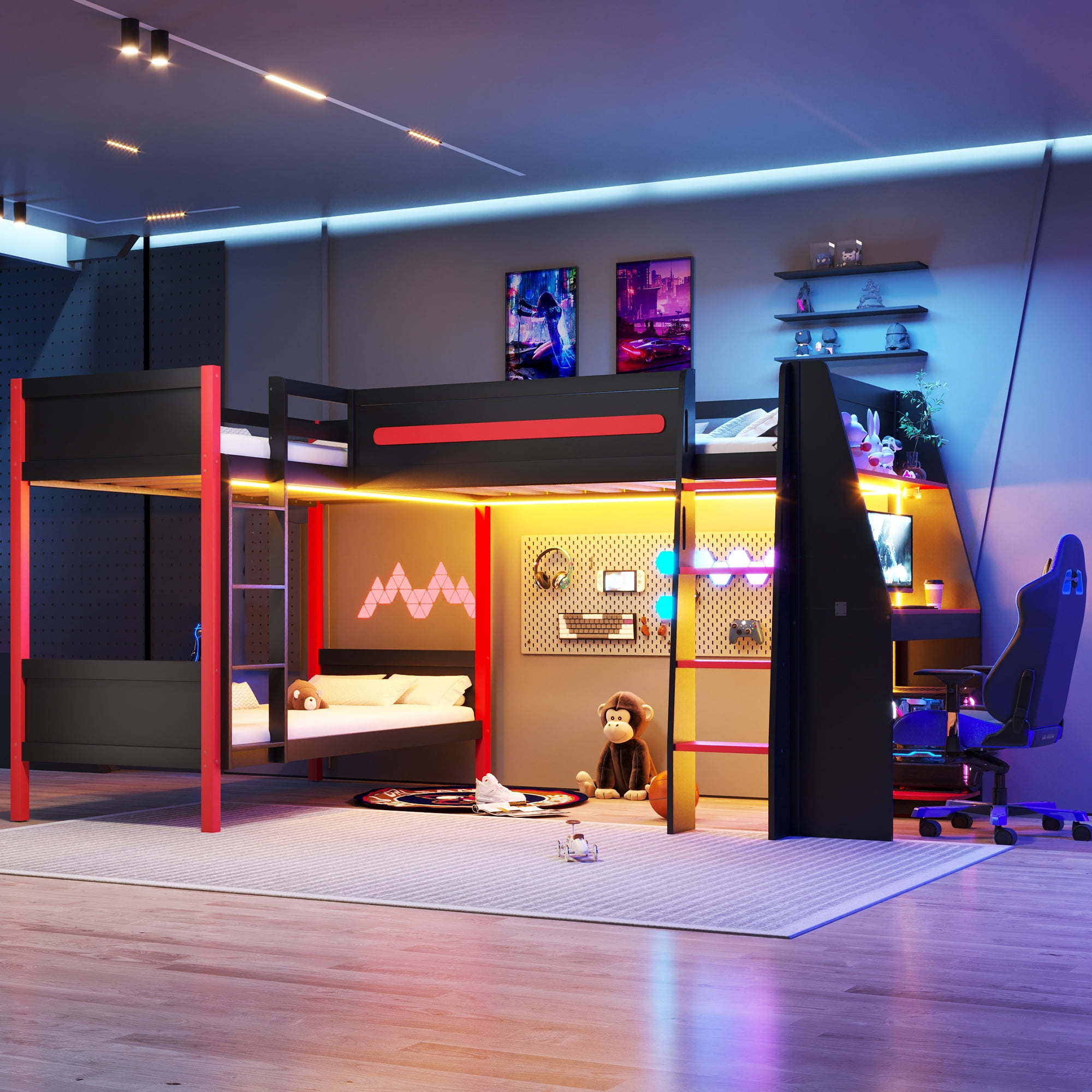 Mintazer L-Shaped Twin Gaming Bunk Bed with LED Lights & Desk and Storage Shelves, Triple Bunk Bed with Ladder & Guardrails for Dorm Bedroom, Black & Red