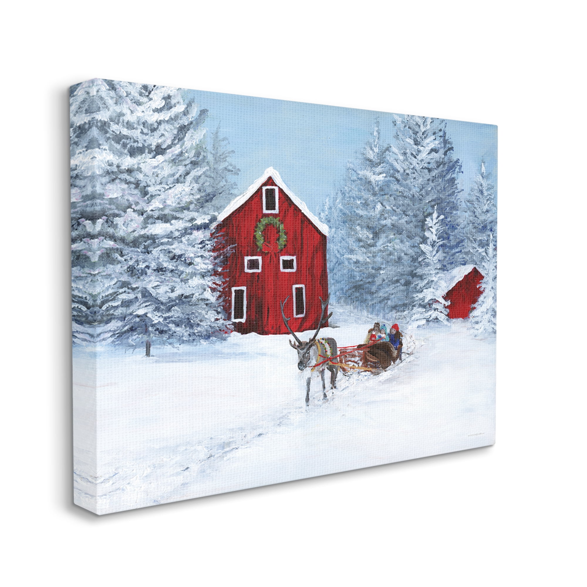 Reindeer Pulling Sled Children Rural Niveous Landscape Landscape Painting Gallery-Wrapped Canvas Print Wall Art