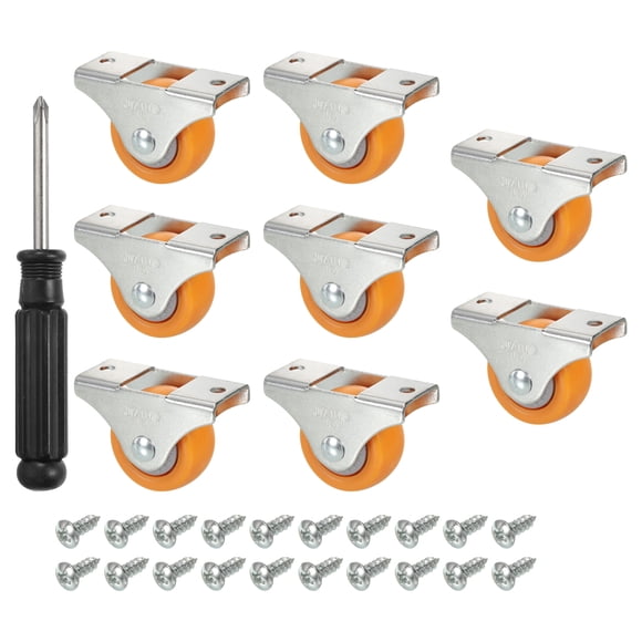 Rueda de soporte fija mini de 1.5", paquete de 8, rodillo rígido MPA con rodamientos, placa superior de metal y tornillos, naranja