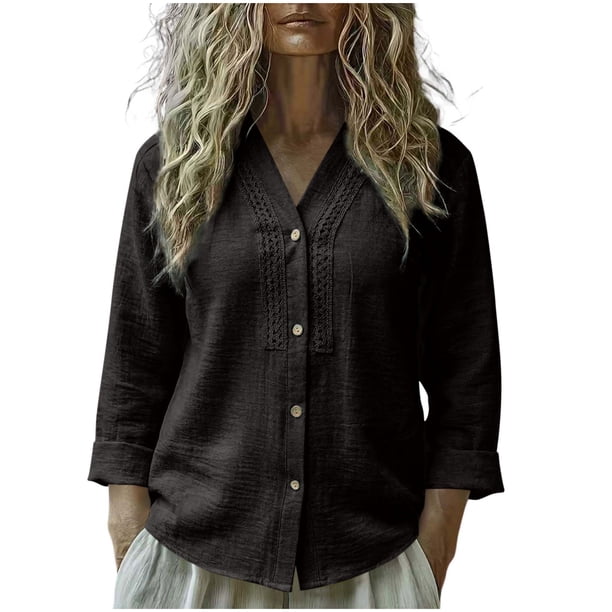 Camisas de Cuello de la Tripulación de Manga Corta para las Mujeres Lino Color Sólido V-Cuello Botón-Abajo Blusa, Manga Larga Top Casual para la Primavera Y el Verano