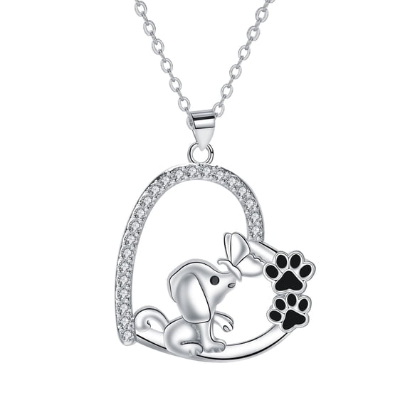 Rynsito Dog Necklace for Women, Sterling Silver Dog Love Heart Paw Puppy Necklace, Valentine Jewelry Gifts