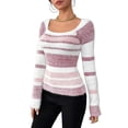 thumbnail image 2 of Women'S Pullover Striped Knit Square Neck Sweater Color Block Long Sleeve Cute Trendy Fuzzy Sweaters Pink XS, 2 of 10
