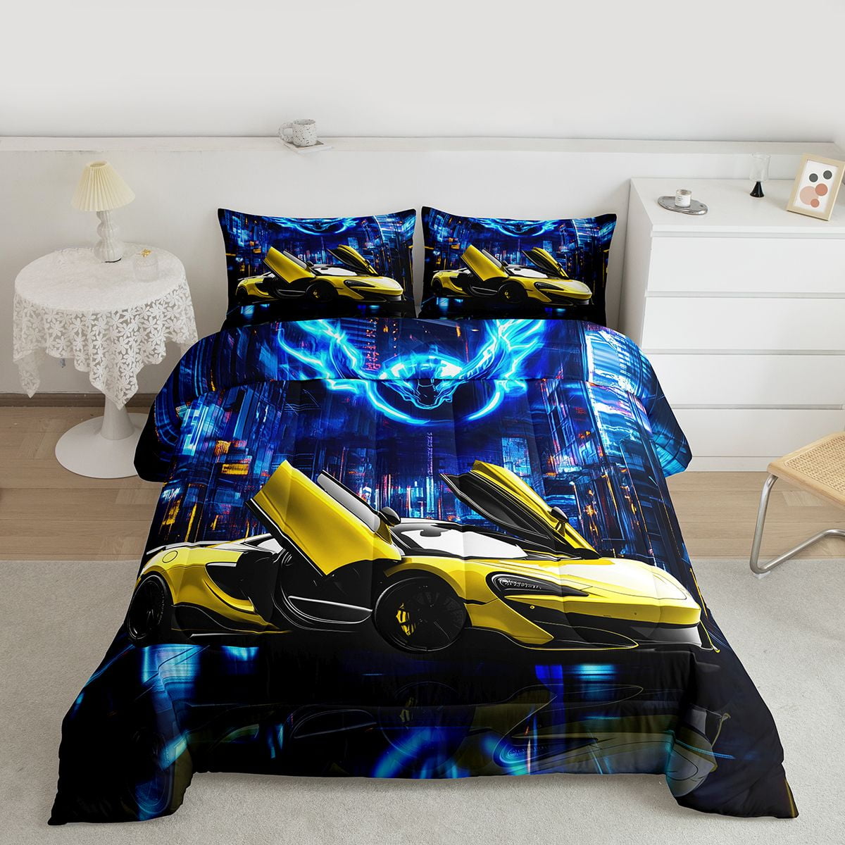 Feelyou Yellow Race Car Bedding Comforter Set, Futuristic City Landscape Twin Comforter Sets, Teens Kids Boys Girls Reversible Bedding Set, Super Cozy Room Decor, 2 Pieces