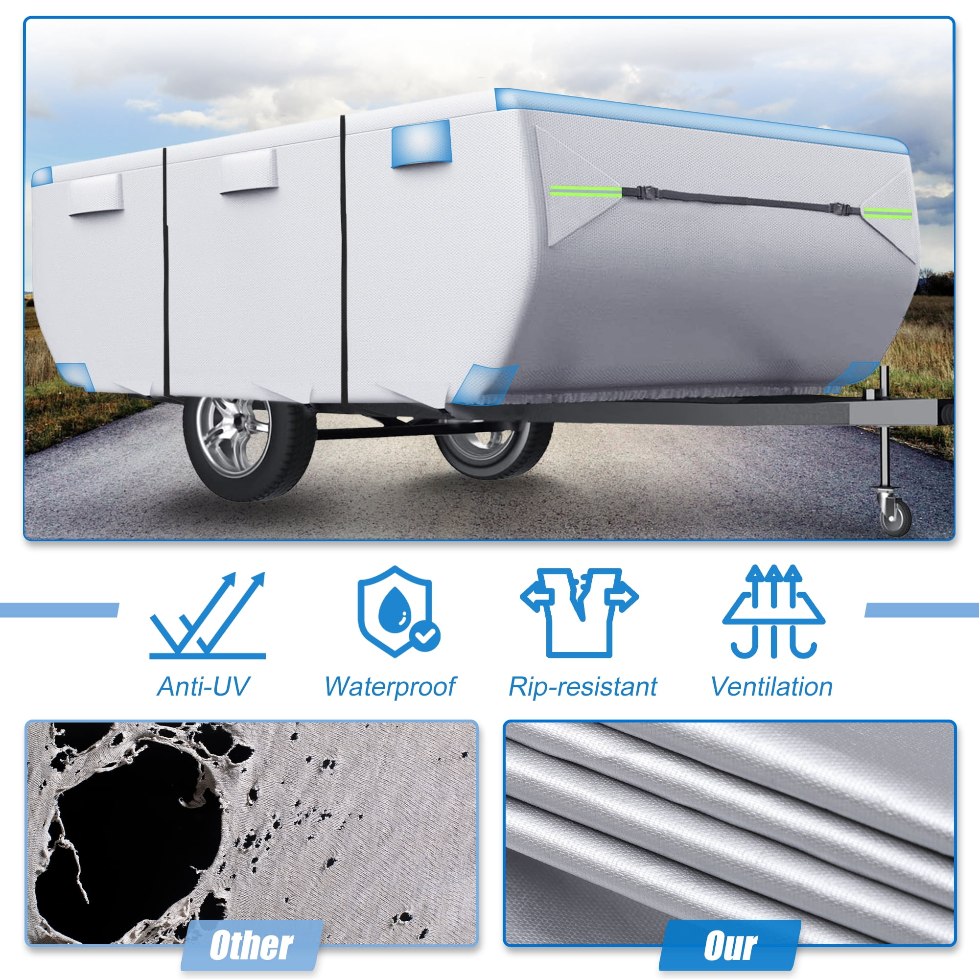 Unique Bargains Pop-up Camper Trailer RV Cover with Straps Vents Silver 208" x 86" x 43"