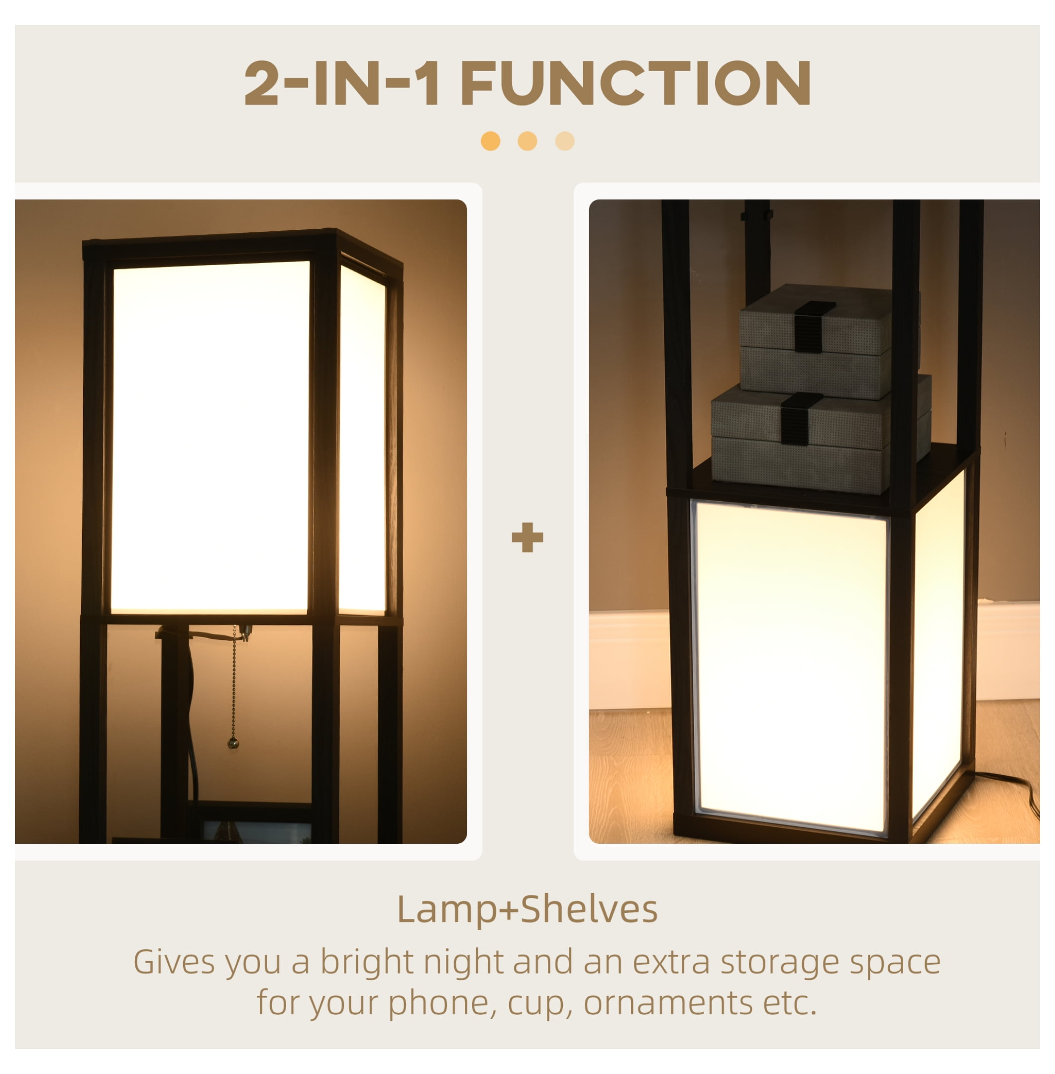 HOMCOM Modern Floor Lamp with Shelves & Dual Ambient Lighting, Tall Standing Lamp for Living Room, Bedroom with Fabric Lampshade (Bulb not Included), Black