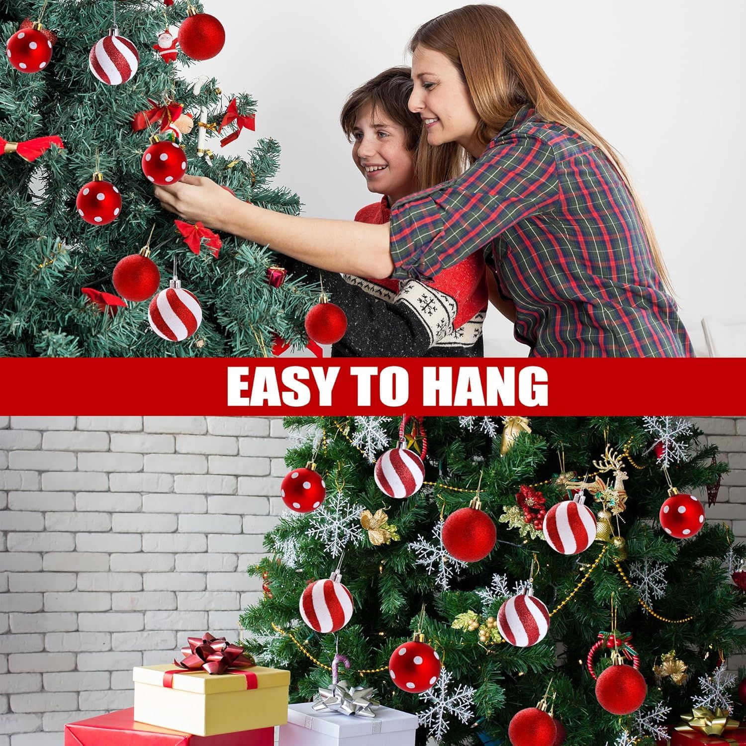 2Pcs Peppermint Candy Ornaments, Candy Cane Balls, Red & White Hanging Stripes - Christmas Tree Ornaments for Xmas Party & Indoor/Outdoor Holiday Home Decorations