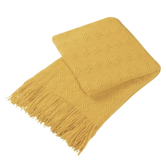 Wavy Pattern Decorative Knit Throw Blanket with Tassels, 50" x 60", Old Gold