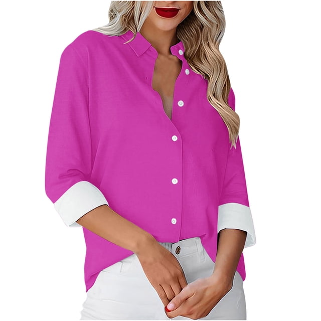 Besolor Button Down Shirts for Women Solid Color Long Sleeve Colared Tops Loose Office Blouses for Casual Work