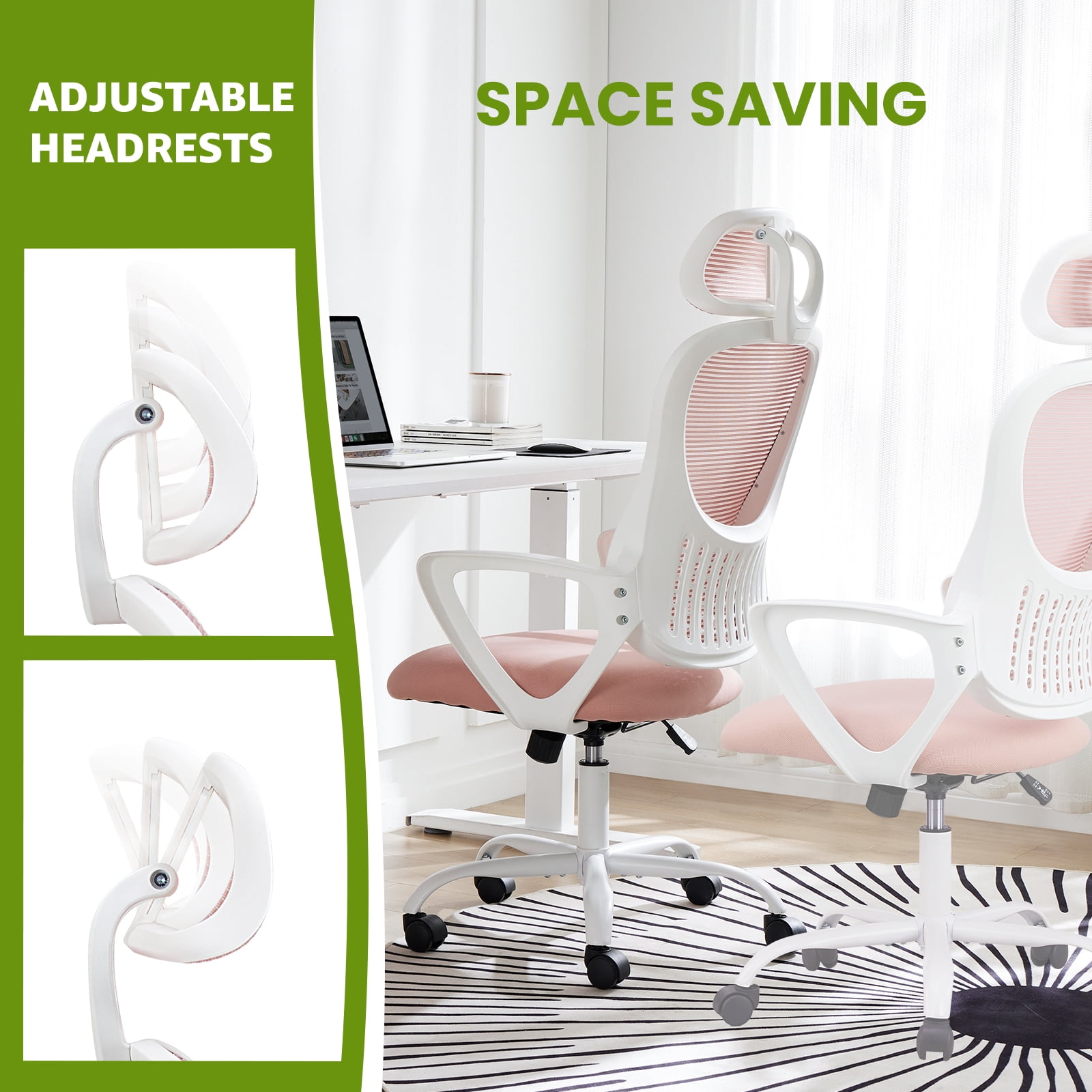 CONCETTA Ergonomic Office Chair, High Back Mesh Computer Swivel Chair with Adjustable Headrest, Pink
