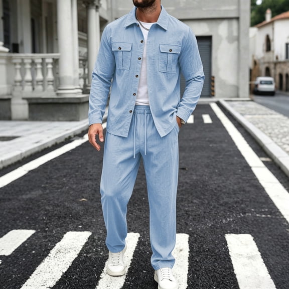 LEKWK Men Linen Sets Outfits 2 Piece Long Sleeve Button Down Shirt and Drawstring Pants Lightweight Beach Vacation Outfits Matching Suits