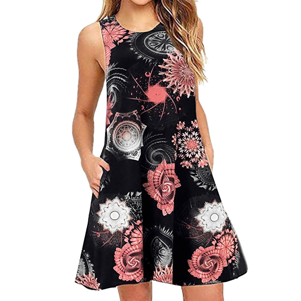 Women Midi Long Dress Floral Print Graphic Shirt Dresses Sleeveless O Neck Casual Loose Tank Dress with Pocket 