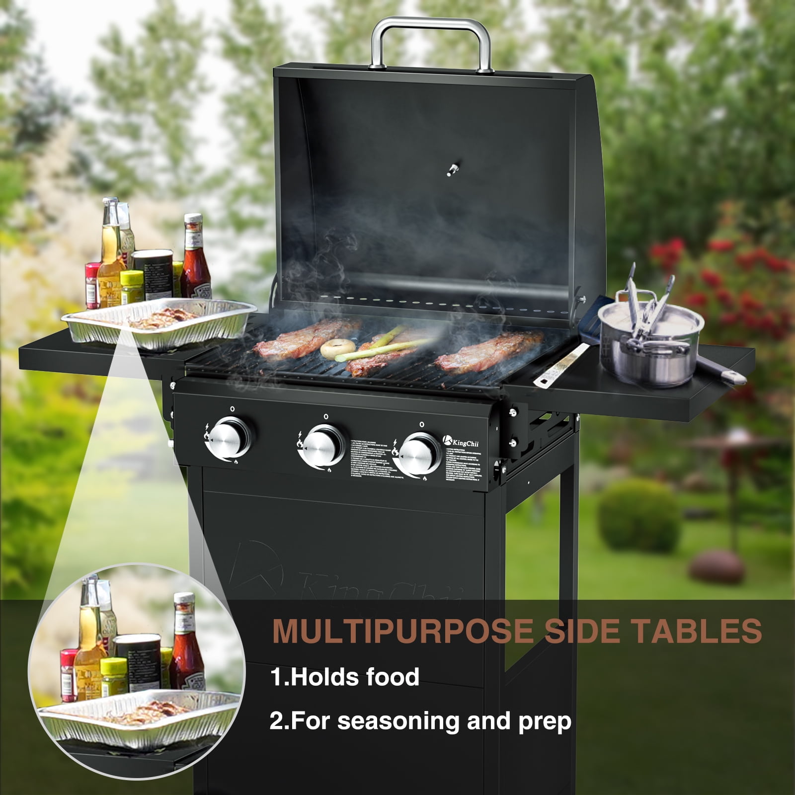 Kingchii 3-Burner Propane Grill, 28,500 BTU BTUs Gas Grill with Foldable Side Tables, Built-in Thermometer for Outdoor Grilling, BBQs and Camping