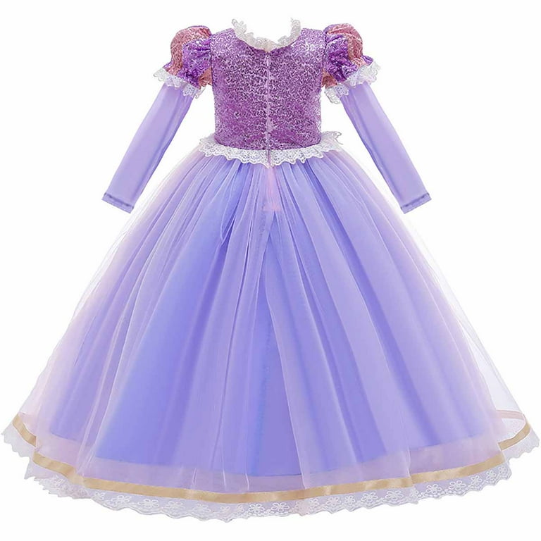Girls Light Up Purple Princess Dress With Puff Sleeves - Halloween Costume & Party Dress Up Set