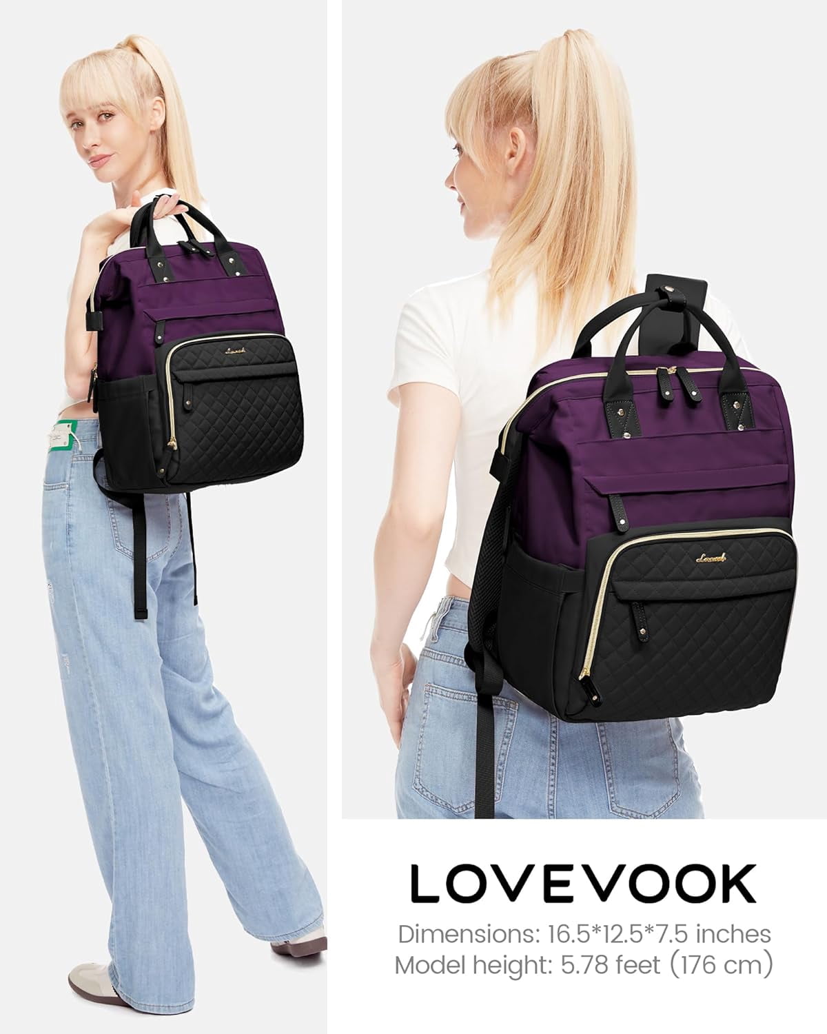 Lovevook Laptop Backpack for Women,Quilted Fashion Nurse Teacher Work Backpack Purses,Water-Resistant Travel Computer Bag for College Office Ladies Fit 15.6" Laptop