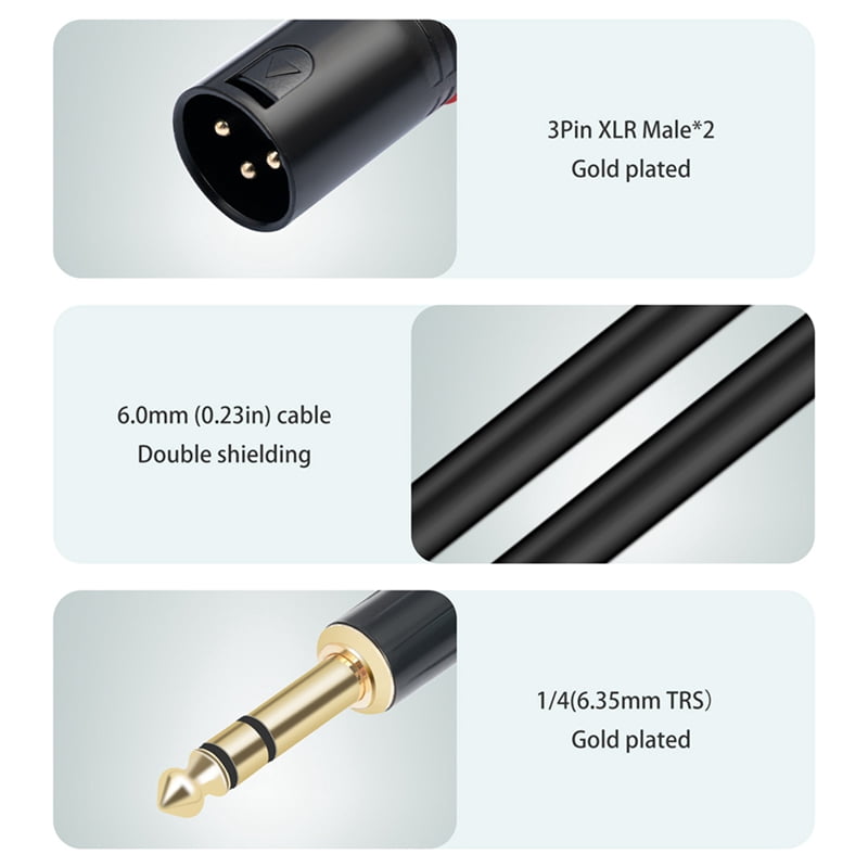 2X Jack 6.35mm 1/4 TRS Stereo to Double XLR Male Audio Cable Extension Cable Y Splitter Audio Cable 300cm