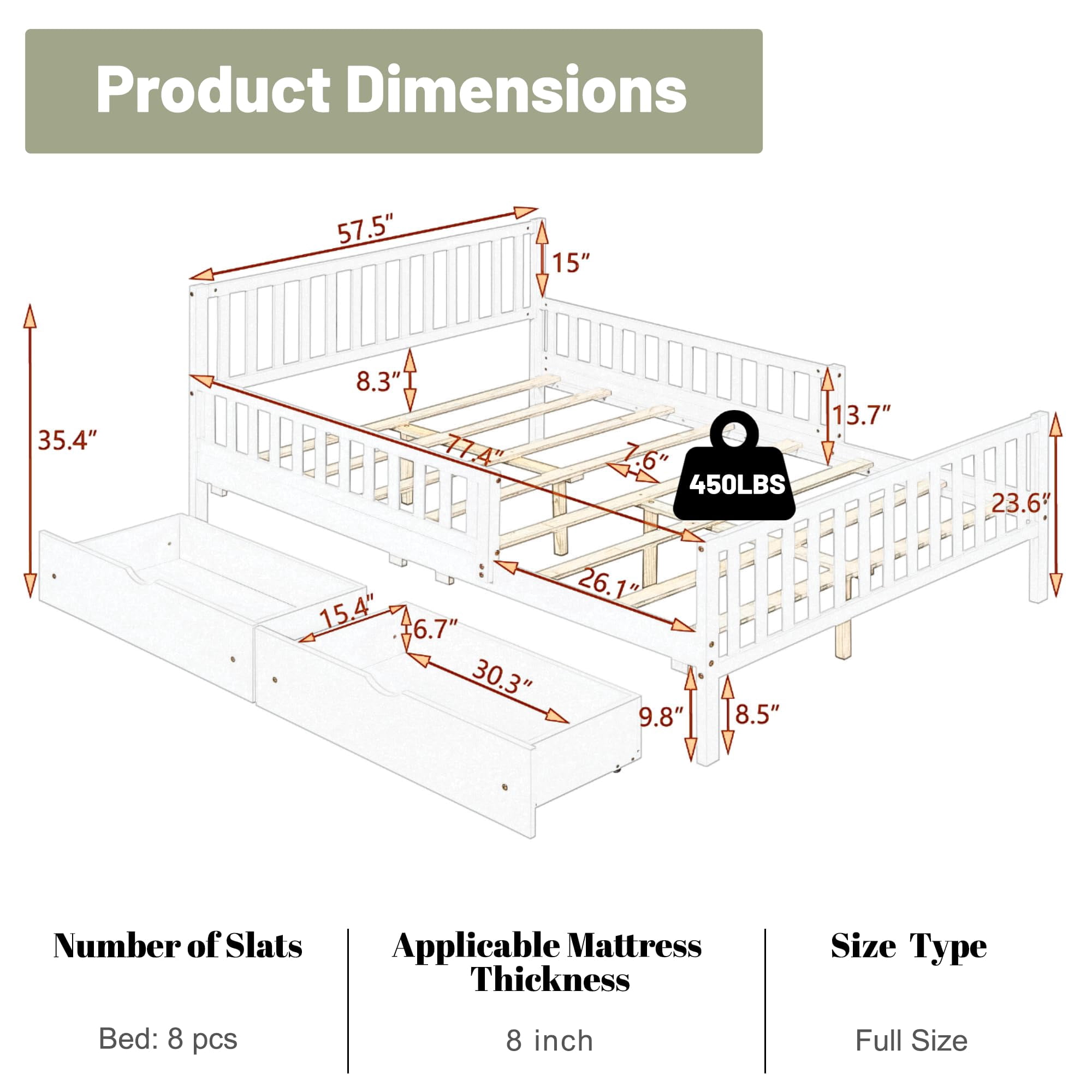 Mirightone Full Bed Frame, Wood Full Size Bed with Storage Drawers, Full Storage Bed with Guardrails on Both Sides . ( White)