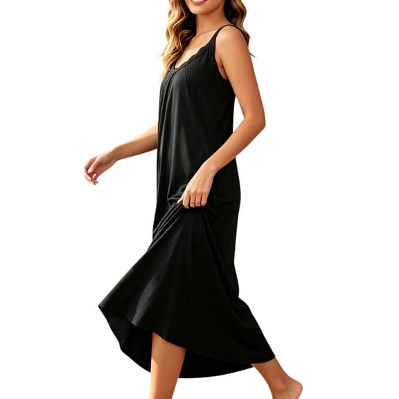 Mist Azur Women's Nightgown Sleeveless Sleepshirt Long Maxi Pajama Dress Nightshirt V-Neck Soft Lace Loose Nightgown Sleepwear 3757