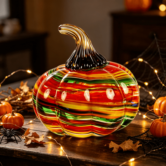 Dreamy Hand Blown Art Glass Pumpkin Figurine Decoration, Colorful Swirl Decorative Pumpkin Ornament for Christmas Fall Thanksgiving Halloween Indoor Home Office Decor Ideal Art Gift