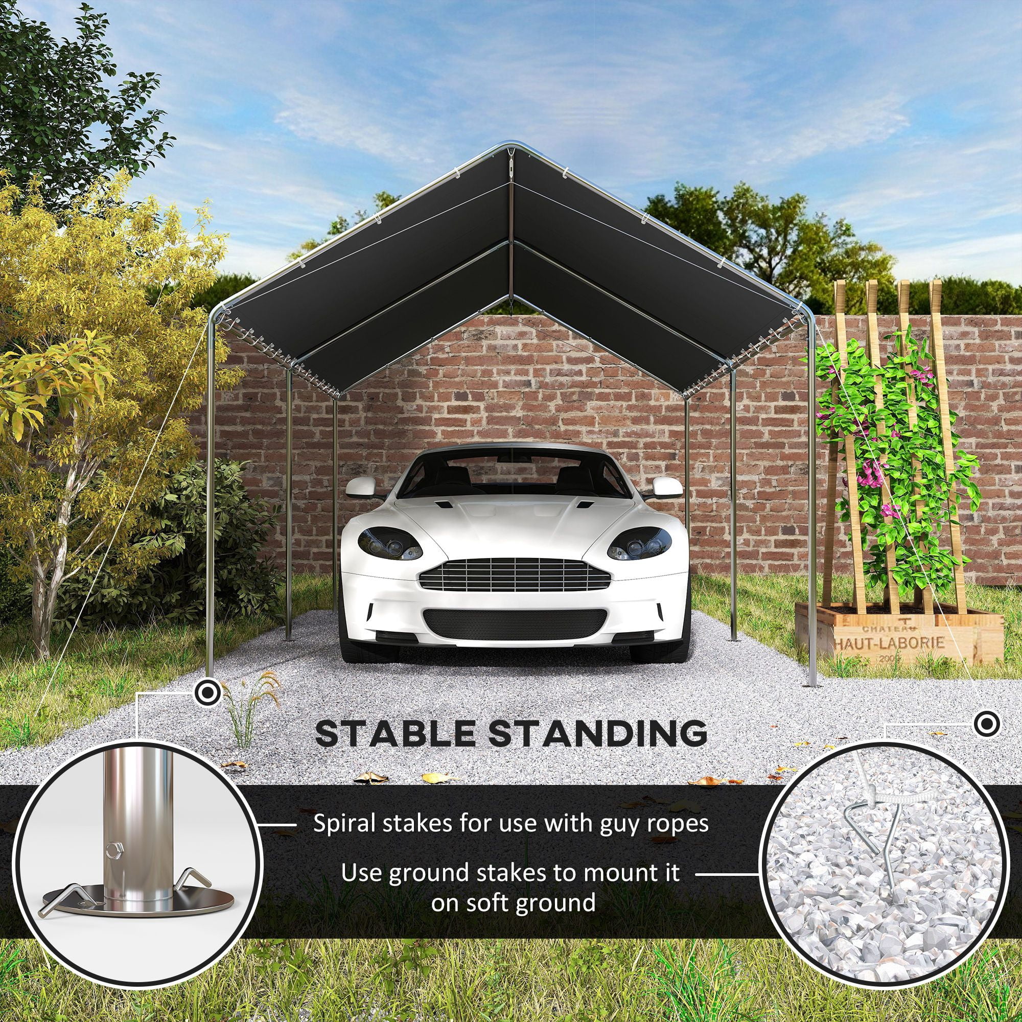Outsunny 9.6' x 19.5' Carport Canopy, Heavy Duty Galvanized Steel Frame with PE Cloth, Weather Protection for Small to Medium Vehicles, Grey Outdoor Car Tent with Anchor Kit