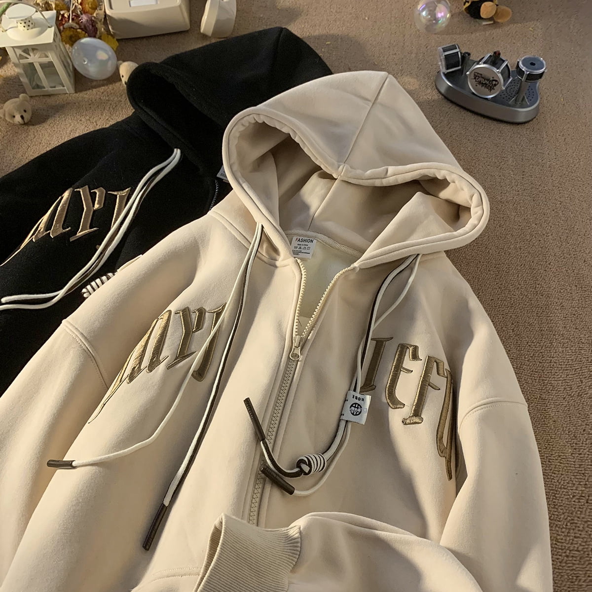 Mainly Recommended Spring Heavily Embroidered Cardigan Hooded Sweatshirt Zipper Jacket Black 2Xl