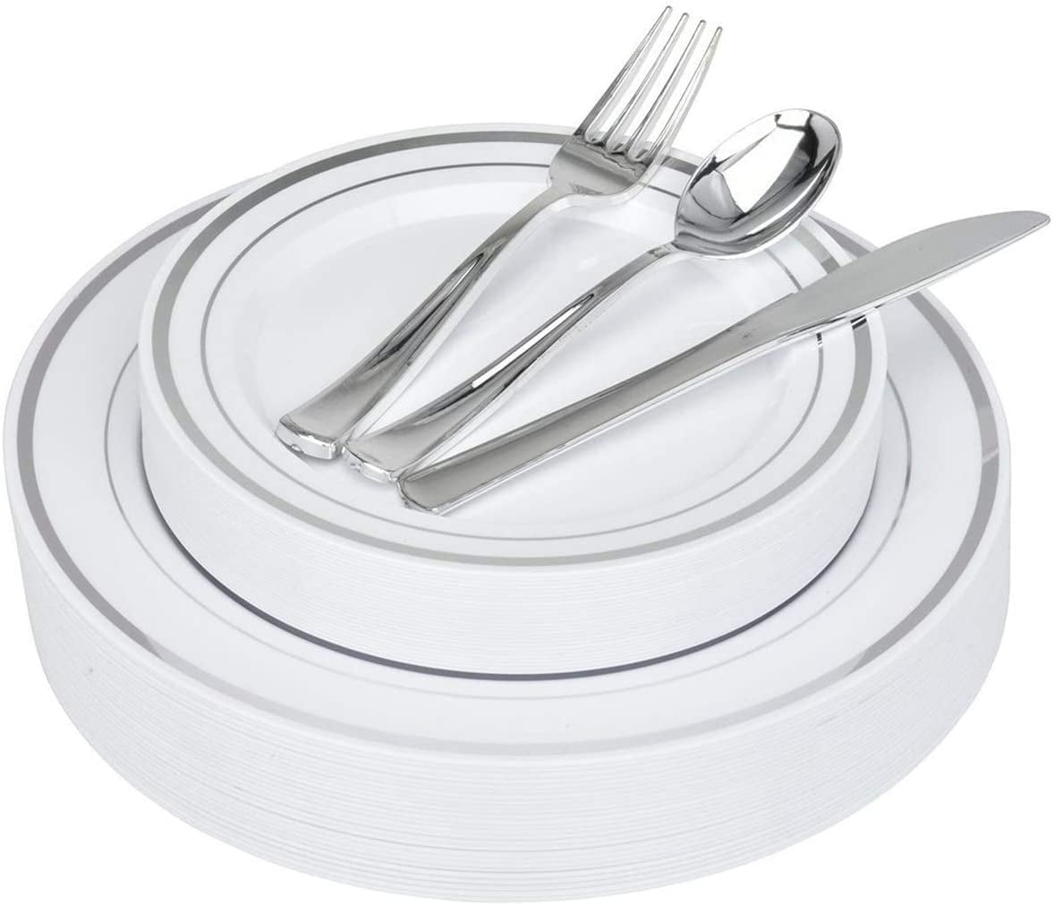 125-Piece White and Silver Fancy Plastic Plates Disposable with Silverware, Elegant Dinnerware for Weddings, Holiday Party China, Set of 25 Dinner + Salad Plates, 25 Spoons, 25 Forks, 25 Knives