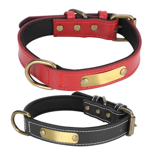 Collar Para Mascotas Acolchado Collar Para Mascotas Cuero De Vaca Acolchado Collar Para Mascotas Con Placa De Identificación Grabada Etiqueta De Identificación Suave Y Cómodo ANGGREK Negro + Rojo S