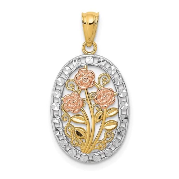 14k Tri-color Gold Casted Textured Back Solid Polished Finish Oval 3 Rose Charm Pendant