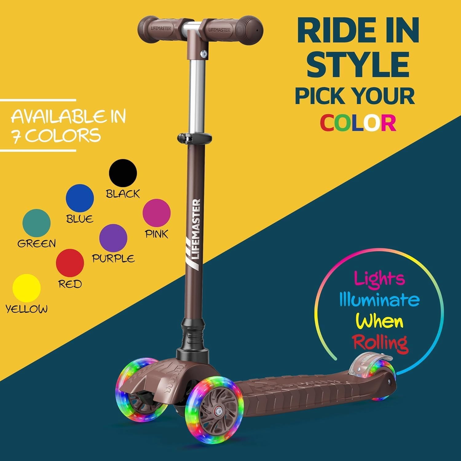 Lifemaster Mini 3-Wheel Kids Scooter with Multi-Color Wheel Lights – 4-Height Adjustable Handlebar, Wide Anti-Slip Deck, Child Safety Certified, Boys & Girls Ages 2+ Supports Up to 110 lbs