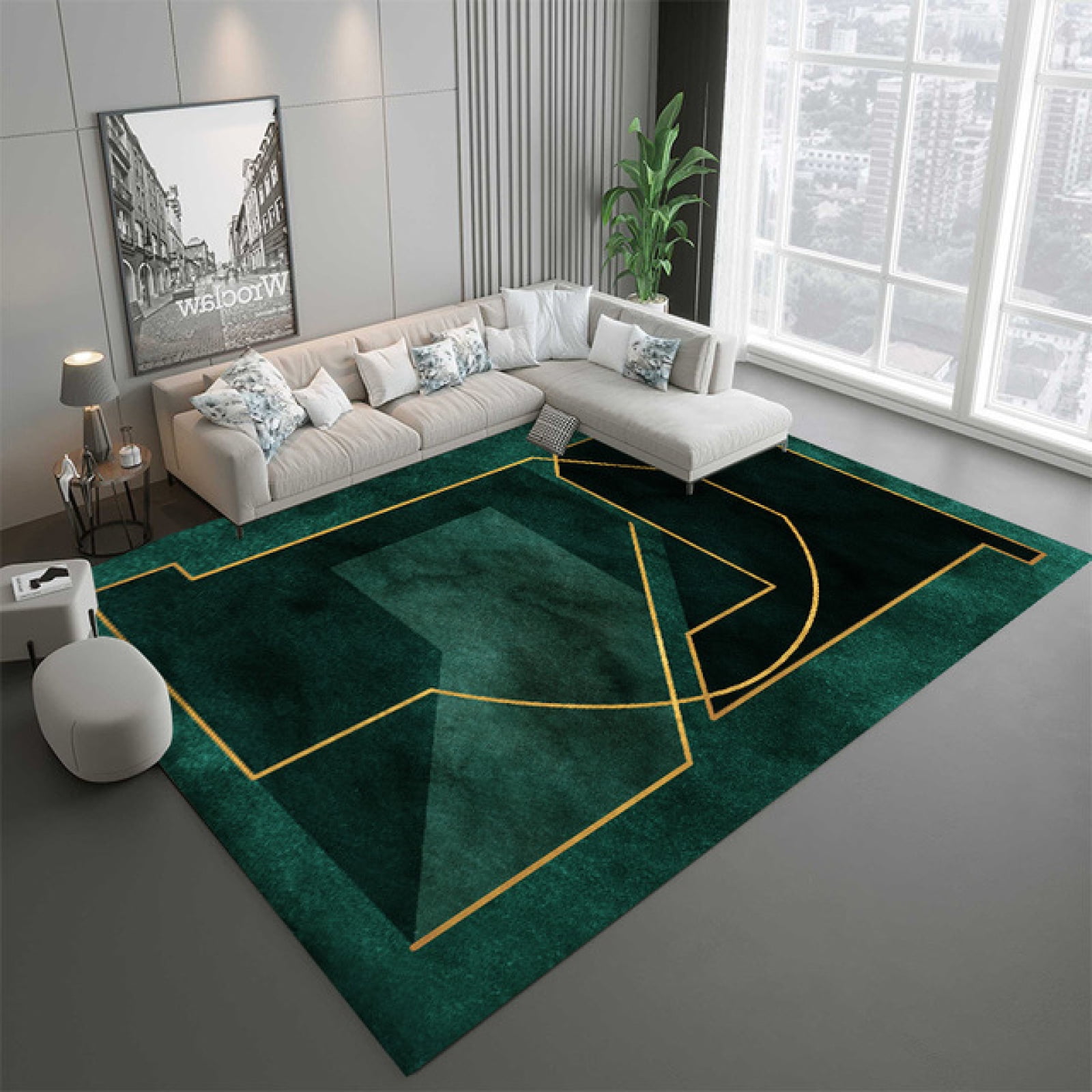 Green Marble Area Rug For Living Room Gold Retro Border Marble Pattern Carpets Abstract