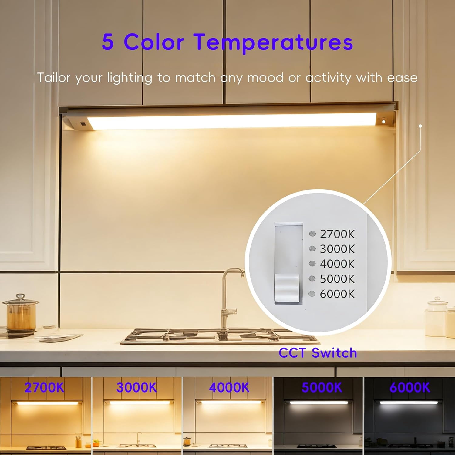 12 Inch Under Cabinet Lights 2 Packs High Brightness Easy Install Plug in, Hand Wave Activated LED Counter for Kitchen Bookshelf 5CCT& Stepless Dimmable Closet Motion Light