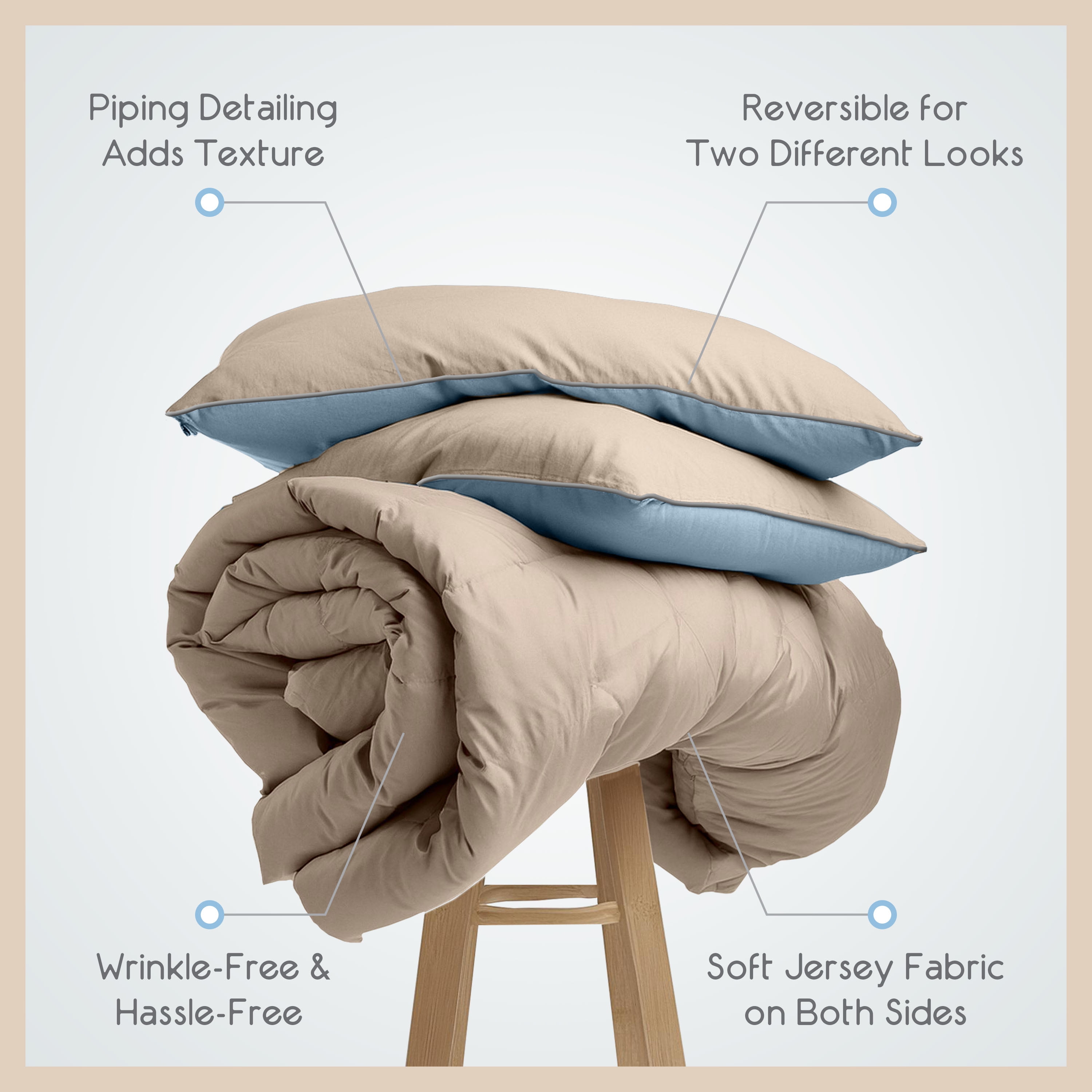 Vellux Jersey Knit 2-Piece Comforter Set, Cotton Blend, Twin, Blue/Taupe