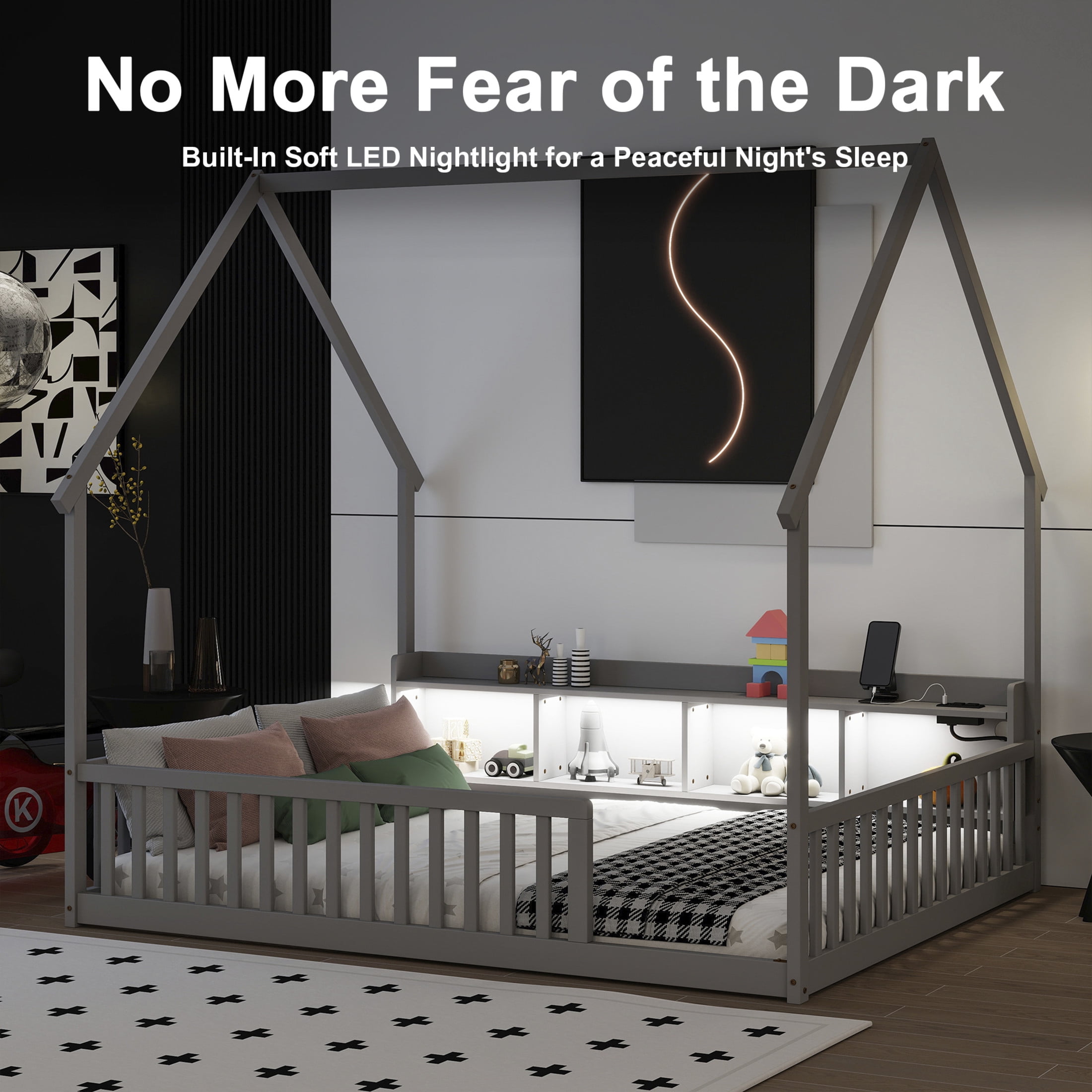 Noble House Norra Full Size Pine Wooden House Floor Bed with Storage Shelves, LED Lights & Charging Station, Grey