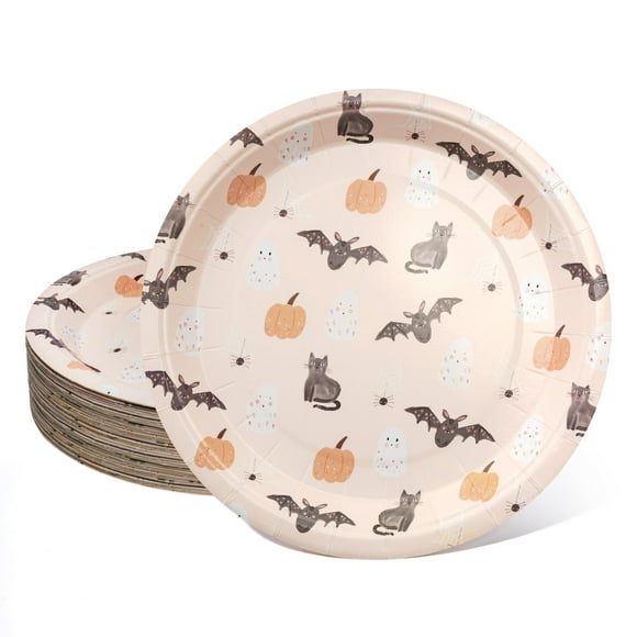 Whimsical Pastel Party Plates Set - 24-Pack 9-Inch Disposable Paper Tableware for Fun Birthday Celebrations with Cute Pumpkin, Ghost, Cat, and Bat Designs