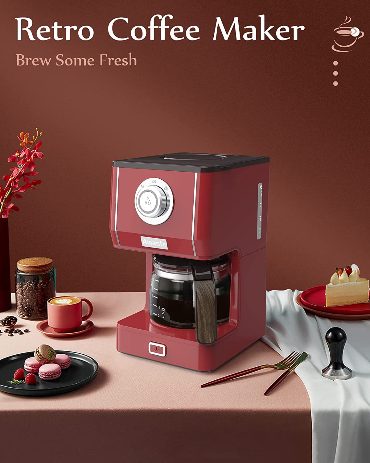 Amaste Drip Coffee Machine with 25 Oz Glass Pot, Retro Style Maker