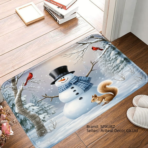 SPXUBZ Non-slip Flannel Floor Mat with Snowman and Winter Scene Design for Bathroom Kitchen Bedroom Decor 16x24 inch